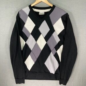 Public Opinion Men's Argyle V-Neck Sweater XL Black Gray White 100%‎ Merino Wool